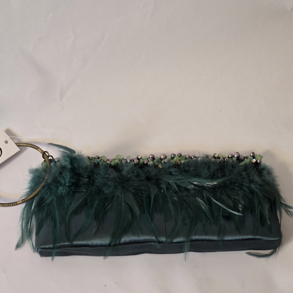Teal Feather-Trim Wristlet Clutch with Bead Accent